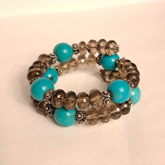 Handmade Jewelry - NEW Handmade Bracelet Turquoise Smoky Quartz Gemstones Sterling Silver Spring